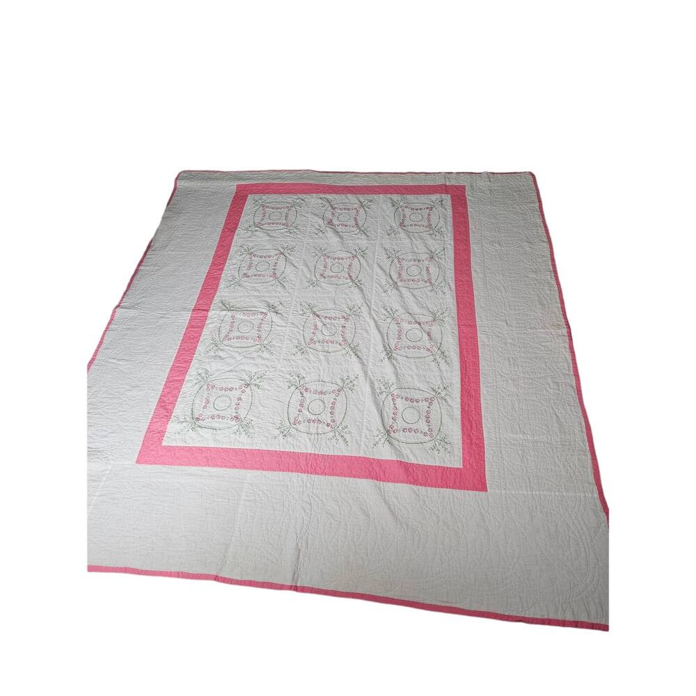 Vintage Handmade Embroidered Quilt Pink White 93x87 Pink Border Queen
